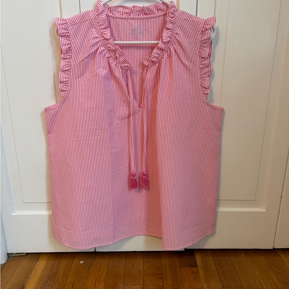 Vineyard Vines Pink and White Striped Ruffle Blouse